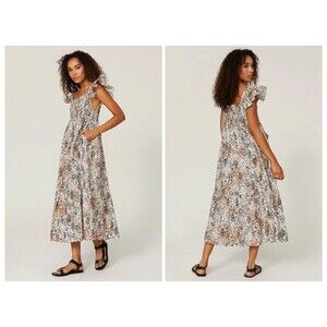 SEA NY Women's Lana Smocked Short Sleeve Dress Animal Print Square Neck Size XXS